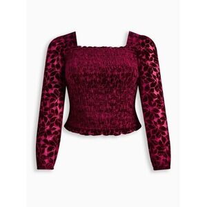 Torrid Velvet Smocked Blouson Sleeve Crop Top - Burgundy - Size 0 (Large 12)